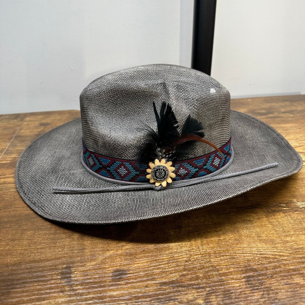 Bullhide Stuck With U Grey Woven Western Cowboy Hat 5061BL Feather Concho Large